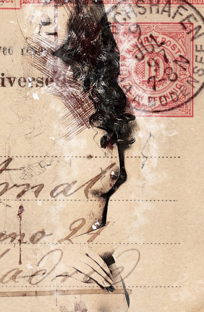 art, collage, layout, multicoloured, to dye, abstract, painting, fantasy, artistic, graphic, woman, act, eroticism, pose, chest, bosom, skin, post office, postcard, stamp